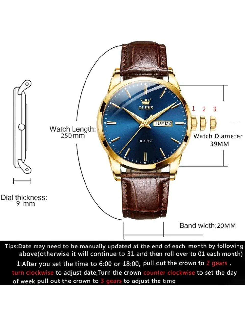 Men's Blue Dial Quartz Leather Brown Buckle Waterproof Luminous Round Watch